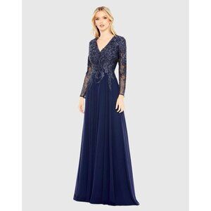 Mac Duggal Size 16 Navy Embellished Illusion V-Neck Long Sleeve Gown Dress New